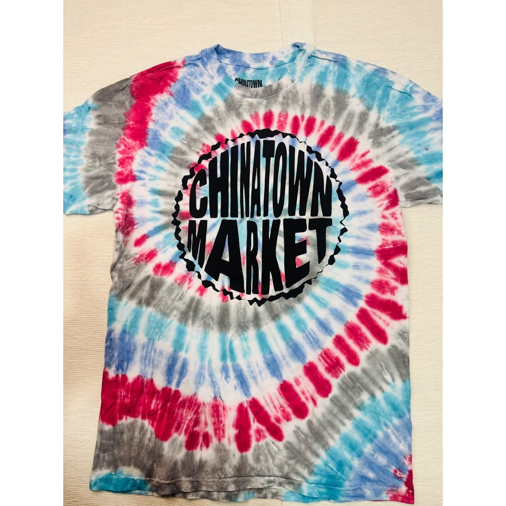 Chinatown Market Mens Tie Dye T-Shirt Medium Red Blue Grey Graphic Logo Tee